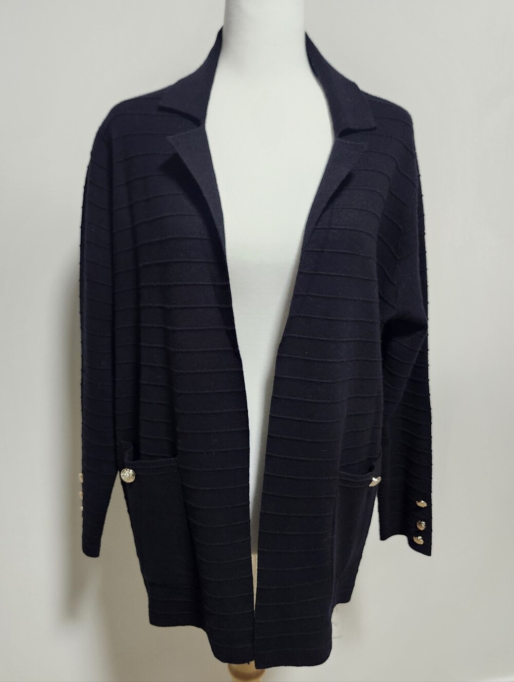 Cleo Open-Front Black Ribbed Cardigan Sweater With Goldtone Detail Buttons
